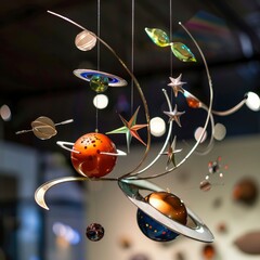 A hanging mobile of planets and stars. The planets are made of glass and the stars are made of metal. The mobile is suspended from the ceiling and is a beautiful representation of the solar system
