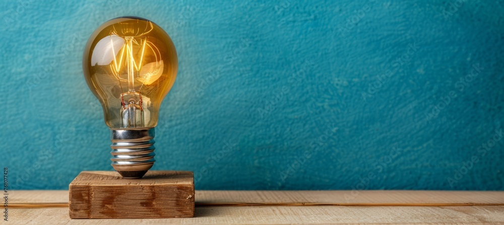 Poster glowing light bulb placed on block with space for text on solid color background
