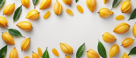   A cluster of golden blossoms surrounded by emerald foliage on a pristine backdrop, featuring a space for added text at its core - obrazy, fototapety, plakaty