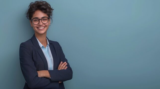 a person with a beaming smile, wearing glasses and a suit, standing with arms crossed against a soft blue background, looking confident and approachable