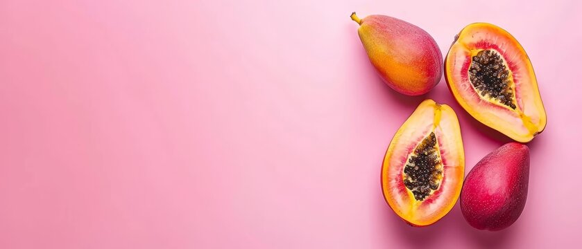   A few slices of fruit placed on a pink background, one slice is cut in half while the other half is open