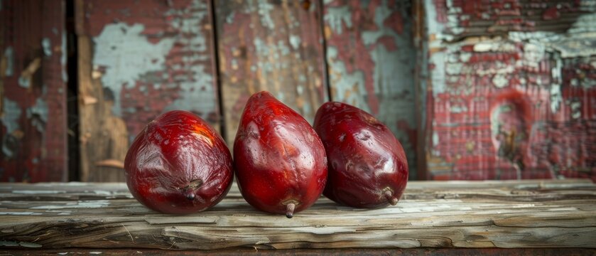   Three red fruits rest atop a wooden table alongside a peeling paint wall