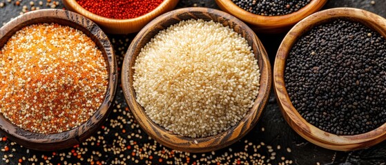  In wooden bowls on a black surface, a variety of grains are arranged with red, white, and yellow seed sprinkles - obrazy, fototapety, plakaty