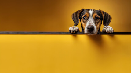 Beagle breed dog stands on a yellow ledge, with empty copy space. Generative AI