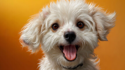 Maltese dog with a white fluffy and tongue out against an yellow. Generative AI