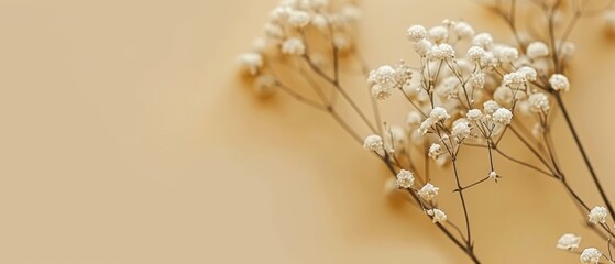   Small white flowers on white table, near beige-brown wall