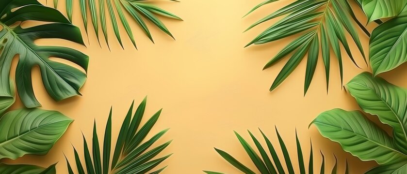   Tropical leaves on a yellow background with text space - stock photo - image gratification