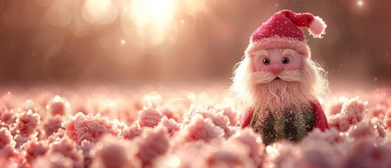  Close-up picture of a  bear in a field surrounded by pink blossoms and wearing a Santa hat