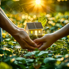 A symbolic representation of two pairs of hands supporting a house with a solar panel, surrounded by foliage under the sun - obrazy, fototapety, plakaty
