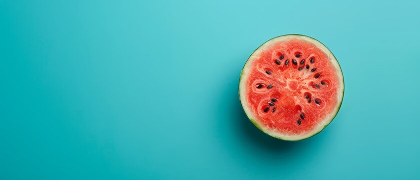   A watermelon sits atop a blue table, adjacent to a slice