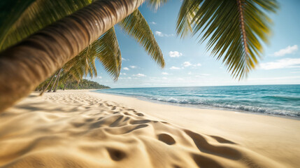 A sandy beach stretches along the coastline with palm trees. Generative AI - obrazy, fototapety, plakaty