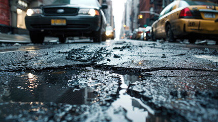 Street after rain. Potholes on damaged asphalt with puddles. - obrazy, fototapety, plakaty