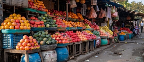   A fruit stand brimming with various fruits, enthralling passersby as they peruse the bountiful displays - obrazy, fototapety, plakaty
