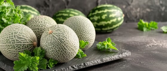   Watermelons on cutting board with lettuce and parsley