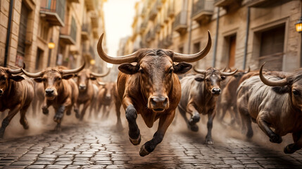 Group of bulls running through streets Pamplona during San Fermín. Generative AI - obrazy, fototapety, plakaty