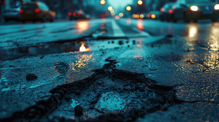 Street after rain. Potholes on damaged asphalt with puddles.