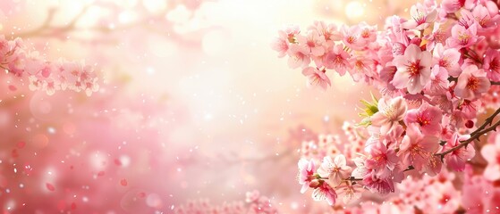   A macro shot of a cluster of pink blossoms on a twig with dew drops on the sepals and a hazy backdrop - obrazy, fototapety, plakaty