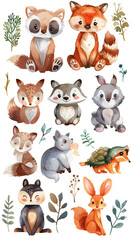 sheet of cartoon animals in watercolor style on a white, generative ai
