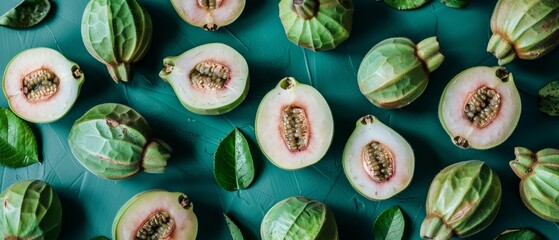   A close-up of figs with leaves on a blue surface, one cut in half, and the other half opened