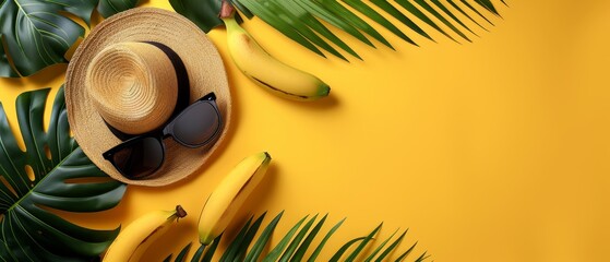  A straw hat, sunglasses, banana, and palm leaves on a yellow background provide space for either text or an image