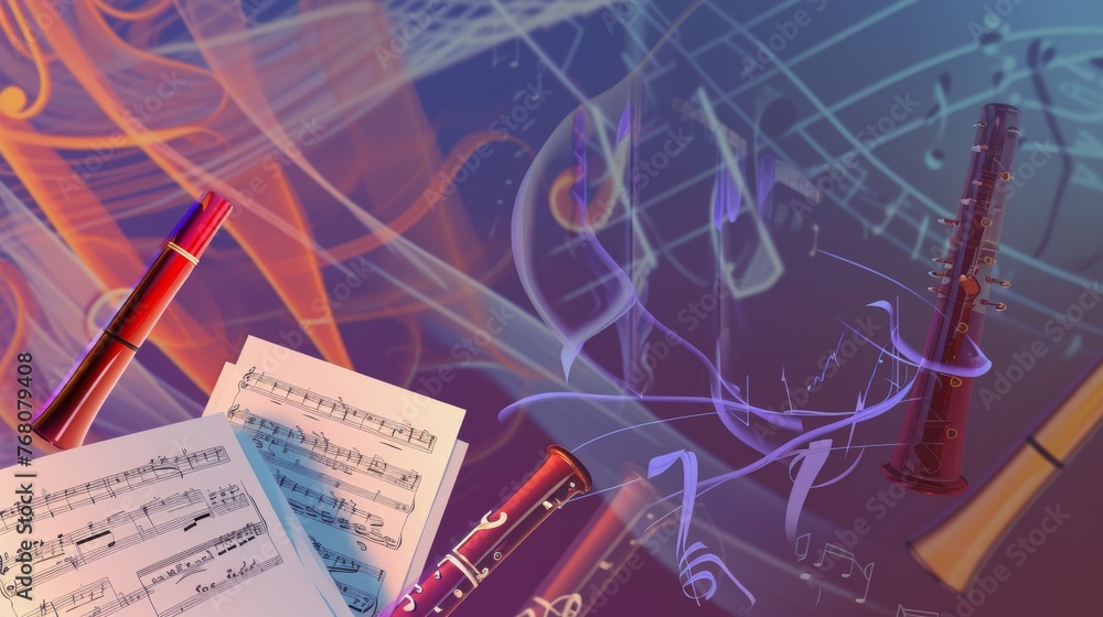 Poster digitally enhanced image of woodwind instruments and sheet music with swirling colors, representing 