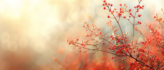   A zoomed-in photo of a tiny tree bearing scarlet berries on its branches against a fuzzy forest backdrop