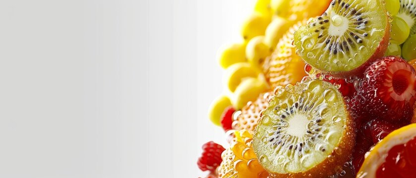   A fruit platter consisting of oranges, kiwis, lemons, raspberries, and strawberries arranged artfully on a white countertop