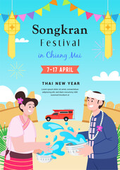 Songkran festival in Chiang Mai poster invitation vector illustration. Celebrate Thai New Year