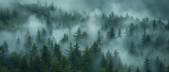   A dense forest of tall pines shrouded in fog and smoky haze in the distance