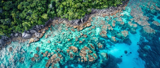   A panoramic perspective of the ocean with rocky outcroppings and foliage in the immediate vicinity - obrazy, fototapety, plakaty