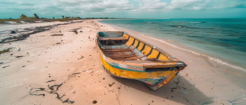   A yellow and blue boat resting on a beach adjacent to water on a gloomy day