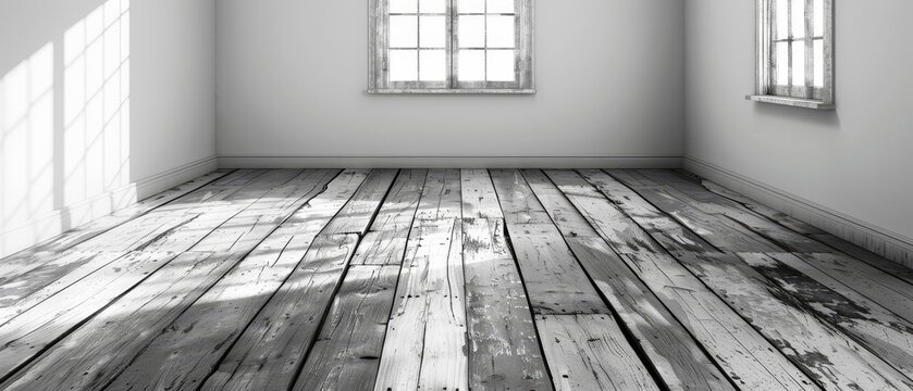   A monochrome image depicting a spacious room featuring a wooden flooring and two windows positioned alongside its walls