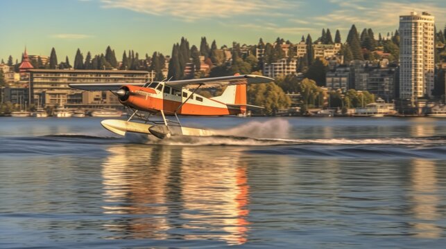 a shot of a Kenmore Air operated seaplane taking off from Lake Union taken