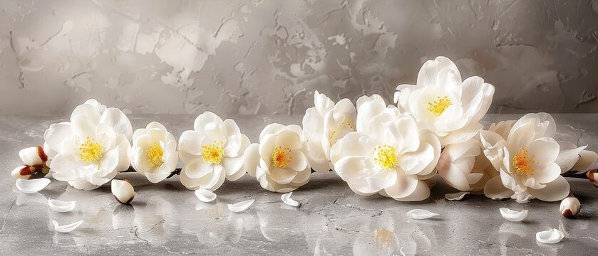   A cluster of white blossoms resting atop a gray table alongside a grayscale wall adorned with flaking paint