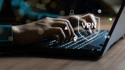 VPN Virtual Private network protocol concept, Man hand typing on keyboard computer with vpn icon on...