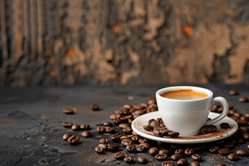 tasse à café blanche sur sa soucoupe assortie remplie de café, et entourée de grains de café, sur un fond marron texturé avec espace négatif copy space