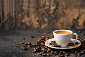 Vitrage gordijnen Koffie tasse à café blanche sur sa soucoupe assortie remplie de café, et entourée de grains de café, sur un fond marron texturé avec espace négatif copy space