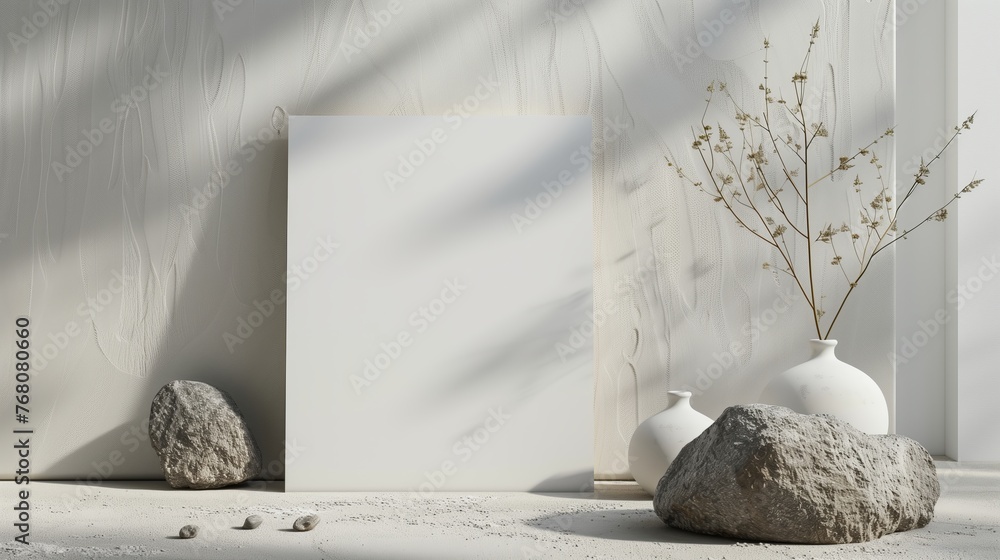 Poster the white sheet of paper with a clean background and rocks. generated by artificial intelligence.