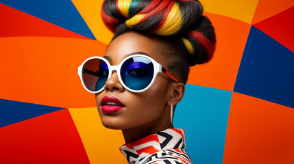 stylish woman with sunglasses in front of colorful background, generative ai