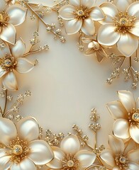 Fototapeta na wymiar golden flowers floral wedding invitation background with 3d frame, beige background and gems decoration