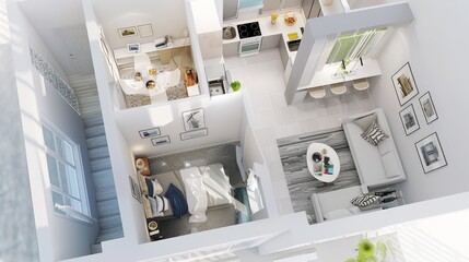 Aerial view of a small apartment with separate kitchen, architecture rendering with lots of details