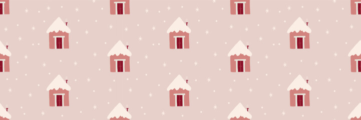 Naklejka premium Cute winter Christmas Scandinavian house vector seamless pattern. Whimsy holly Xmas abstract modern hygge festive background. Seasonal winter holidays geometric graphic design