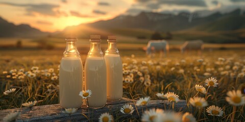 Bottles of fresh milk on a pasture with grazing cows