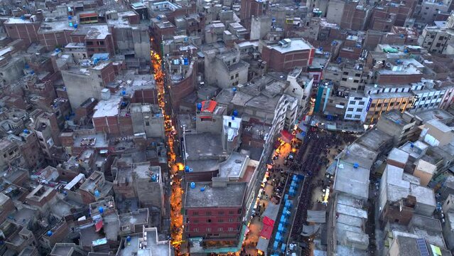 Walled City of Lahore. Evening Market near Delhi Gate, Aerial Drone Shot. Lahore, Punjab, Pakistan