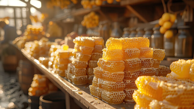 Honeycombs lie on a wooden stand at a farmers market. Selling honey. Natural product. Agriculture and apiary concept. Background for banner, flyer, advertising. Photo for article