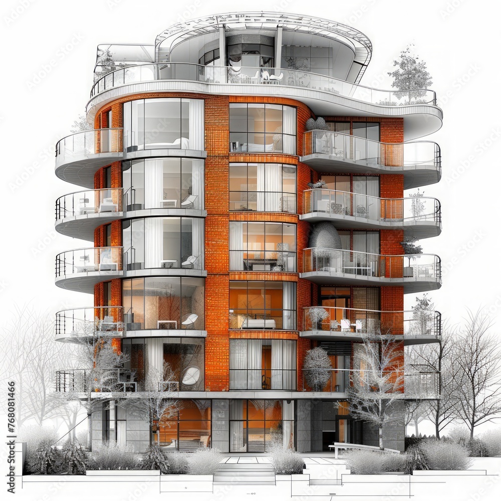 Fototapete Residential building architecture project with mock up and blueprints