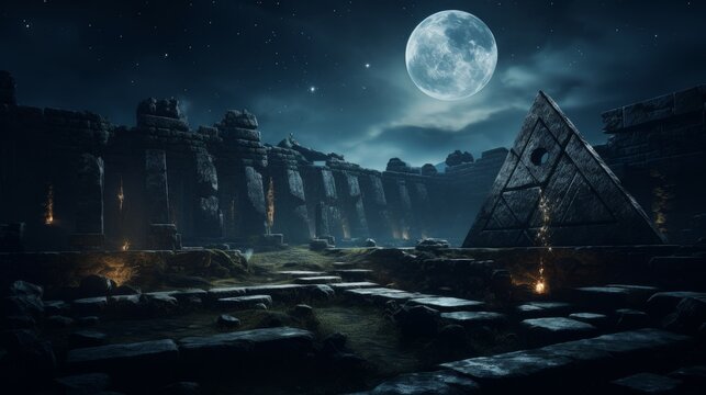 Cryptic Symbols, Freemasons, Decoding cryptic engravings on aged stone walls, Starry night sky above ancient temple ruins