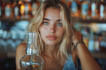 woman drinking in a bar surrounded by alcoholic beverages