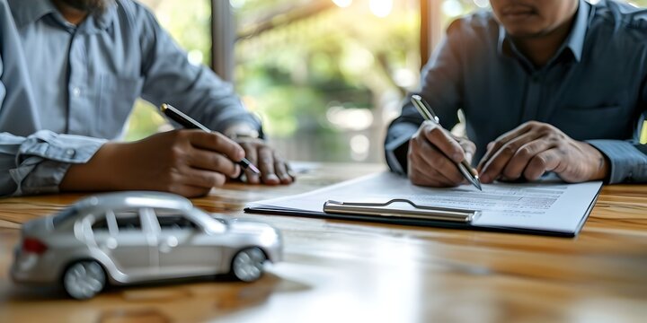 Signing auto insurance policy with customer and salesman present symbolizing agreement and coverage. Concept Auto Insurance Policy Signing, Customer Agreement, Coverage Confirmation