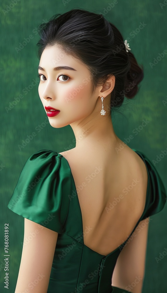 Poster stylish woman in evening gown in studio setting with ample space for text placement